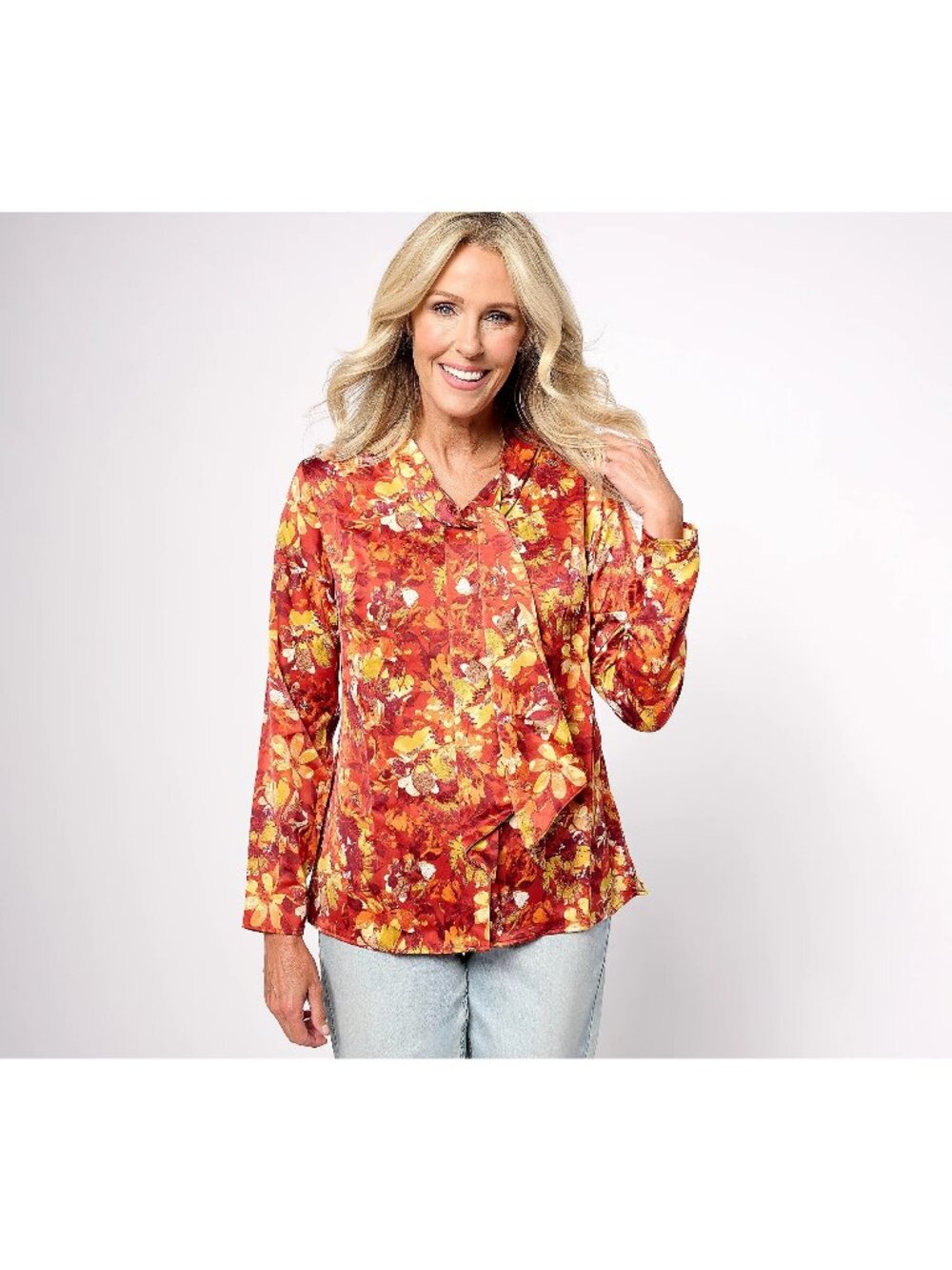 Denim & Co. Blouse Large Floral Printed with Neck Tie Detail Pumpkin Orange NEW